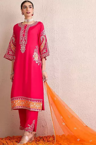 Women Ethnic Motifs Embroidered Regular Kurta with Trousers & With Dupatta