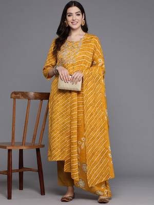 Women Floral Yoke Design Regular  Cotton Kurta with Trousers & With Dupatta 8