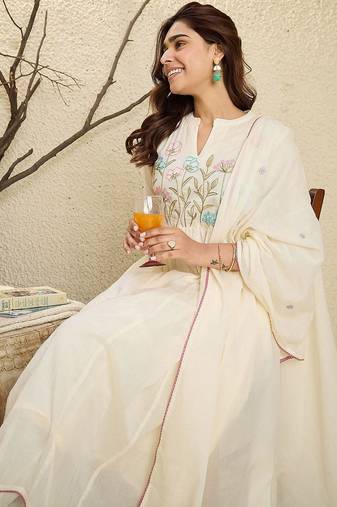 Embroidered Mandarin Collar Cotton A-Line Kurta With Trouser & Dupatta