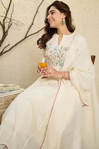 Embroidered Mandarin Collar  Cotton A-Line Kurta With Trouser & Dupatta