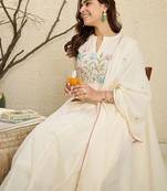 Embroidered Mandarin Collar  Cotton A-Line Kurta With Trouser & Dupatta