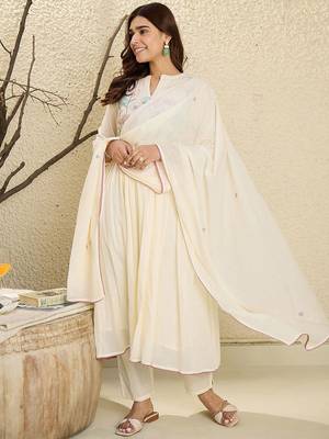 Embroidered Mandarin Collar  Cotton A-Line Kurta With Trouser & Dupatta 2