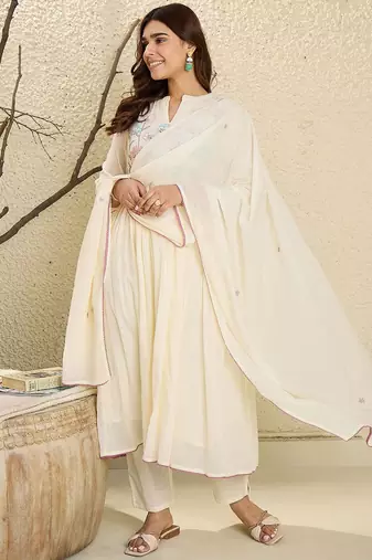 Embroidered Mandarin Collar  Cotton A-Line Kurta With Trouser & Dupatta