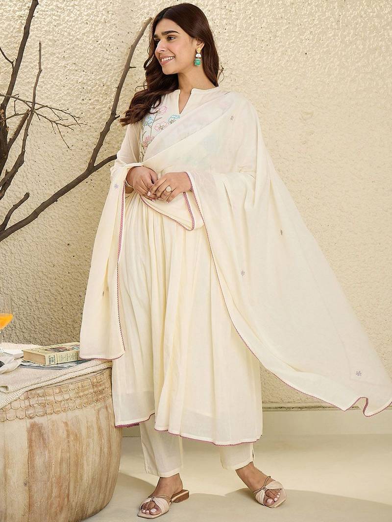 Embroidered Mandarin Collar  Cotton A-Line Kurta With Trouser & Dupatta