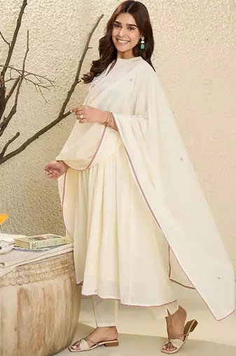 Embroidered Mandarin Collar  Cotton A-Line Kurta With Trouser & Dupatta