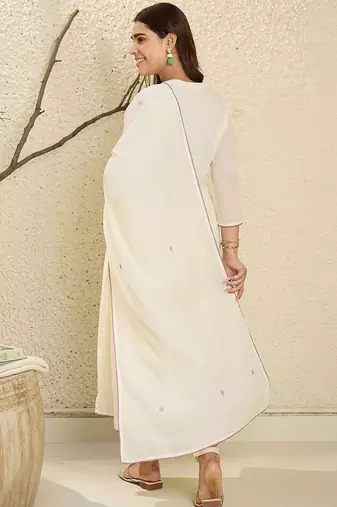 Embroidered Mandarin Collar  Cotton A-Line Kurta With Trouser & Dupatta