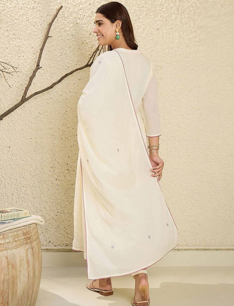Embroidered Mandarin Collar  Cotton A-Line Kurta With Trouser & Dupatta