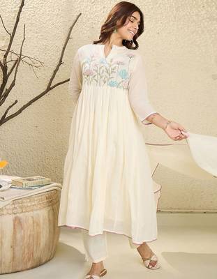 Embroidered Mandarin Collar  Cotton A-Line Kurta With Trouser & Dupatta 7