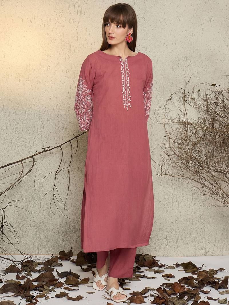 Women Ethnic Motifs Embroidered Thread Work  Cotton Kurta with Trousers
