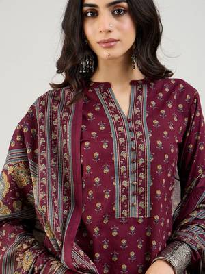 Burgundy Floral Printed Mandarin Collar Pure Cotton Kurta with Salwar & Dupatta 1