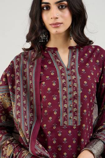 Burgundy Floral Printed Mandarin Collar  Cotton Kurta with Salwar & Dupatta