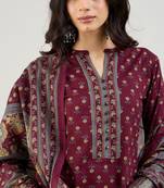 Burgundy Floral Printed Mandarin Collar Pure Cotton Kurta with Salwar & Dupatta