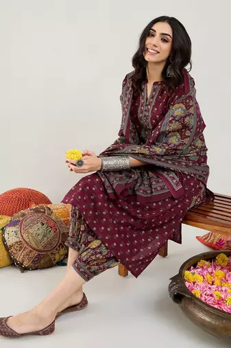 Burgundy Floral Printed Mandarin Collar Pure Cotton Kurta with Salwar & Dupatta