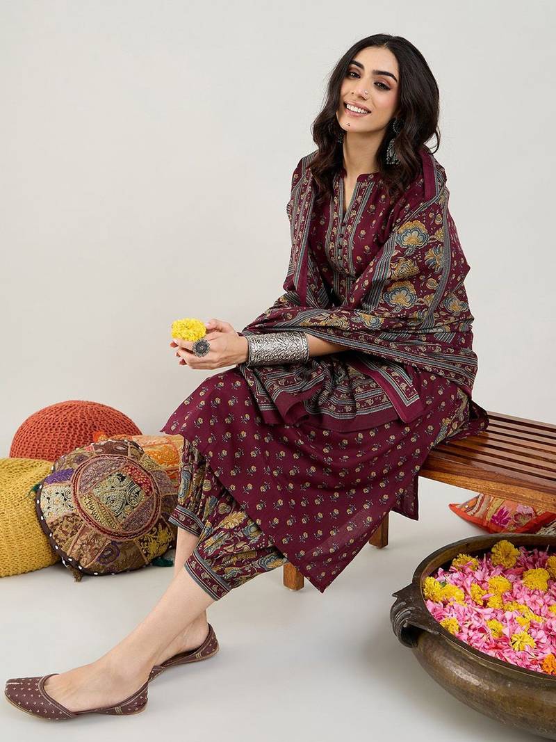 Burgundy Floral Printed Mandarin Collar Pure Cotton Kurta with Salwar & Dupatta