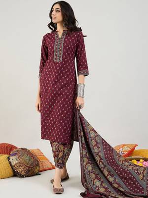 Burgundy Floral Printed Mandarin Collar Pure Cotton Kurta with Salwar & Dupatta 3