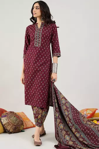 Burgundy Floral Printed Mandarin Collar Pure Cotton Kurta with Salwar & Dupatta