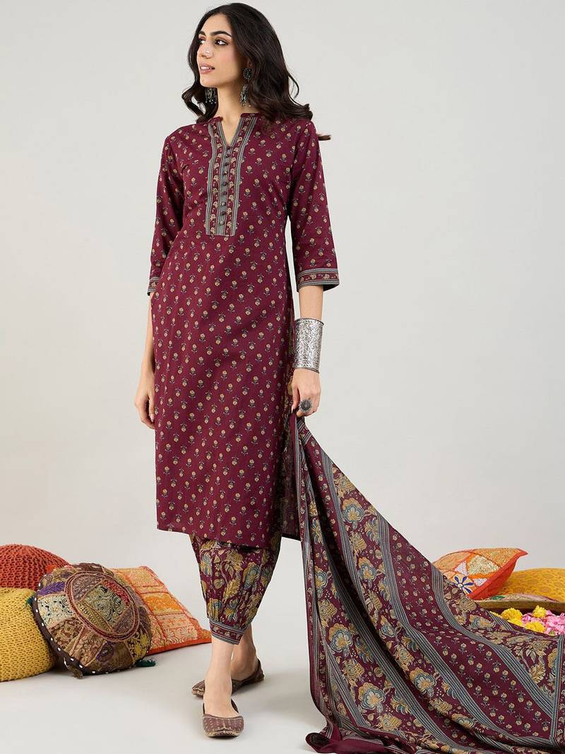 Burgundy Floral Printed Mandarin Collar Pure Cotton Kurta with Salwar & Dupatta
