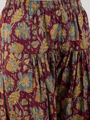 Burgundy Floral Printed Mandarin Collar Pure Cotton Kurta with Salwar & Dupatta 4