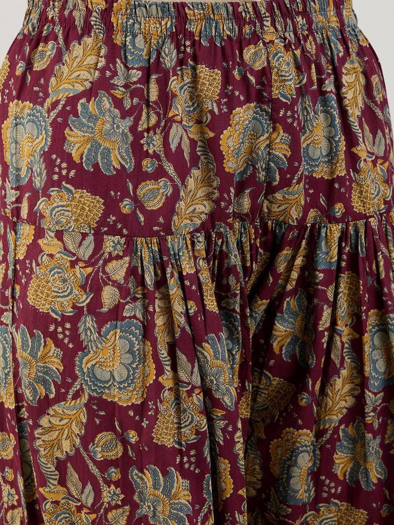 Burgundy Floral Printed Mandarin Collar Pure Cotton Kurta with Salwar & Dupatta
