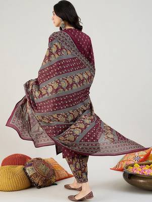 Burgundy Floral Printed Mandarin Collar Pure Cotton Kurta with Salwar & Dupatta 6