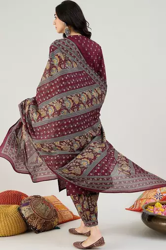 Burgundy Floral Printed Mandarin Collar Pure Cotton Kurta with Salwar & Dupatta
