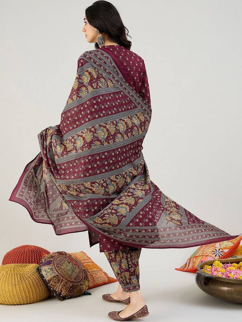 Burgundy Floral Printed Mandarin Collar Pure Cotton Kurta with Salwar & Dupatta