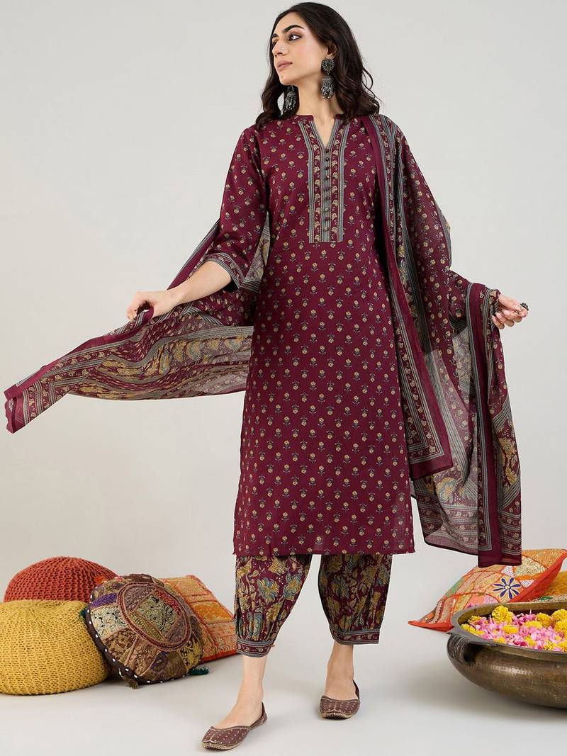 Burgundy Floral Printed Mandarin Collar Pure Cotton Kurta with Salwar & Dupatta