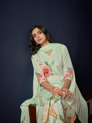 Floral Printed Regular Linen Straight Kurta With Trousers & Dupatta 1