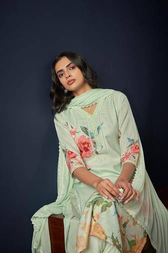 Floral Printed Linen Straight Kurta With Trousers & Dupatta