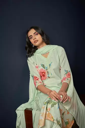 Floral Printed Regular Linen Straight Kurta With Trousers & Dupatta