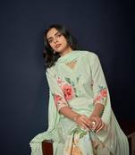 Floral Printed Regular Linen Straight Kurta With Trousers & Dupatta