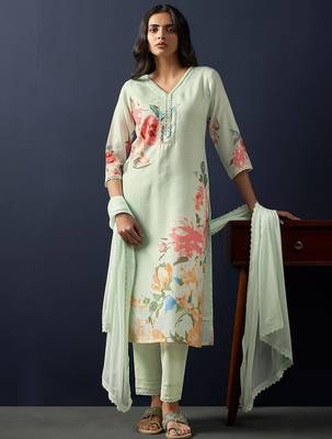 Floral Printed Regular Linen Straight Kurta With Trousers & Dupatta 2