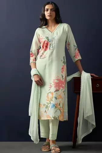 Floral Printed Regular Linen Straight Kurta With Trousers & Dupatta