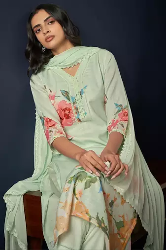 Floral Printed Regular Linen Straight Kurta With Trousers & Dupatta