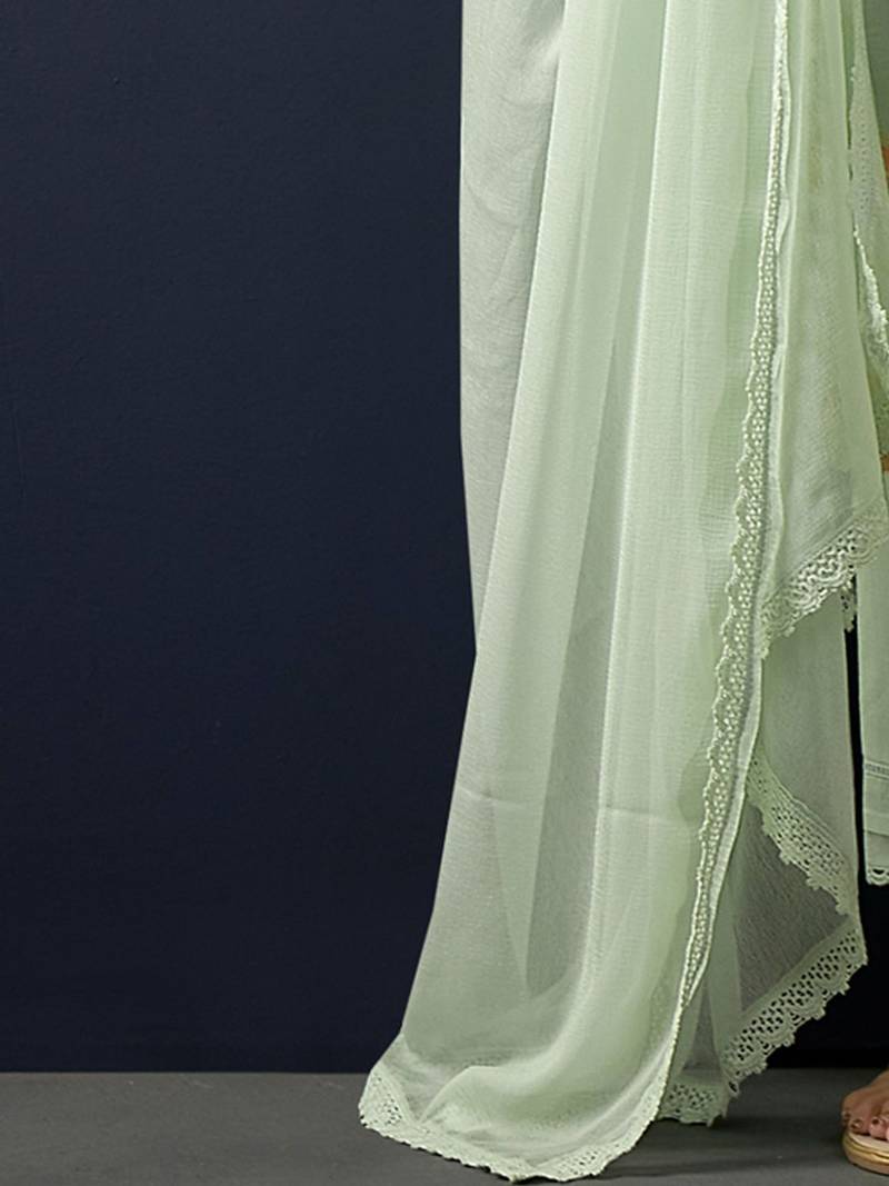 Floral Printed Regular Linen Straight Kurta With Trousers & Dupatta