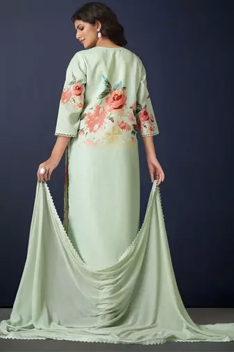 Floral Printed Regular Linen Straight Kurta With Trousers & Dupatta