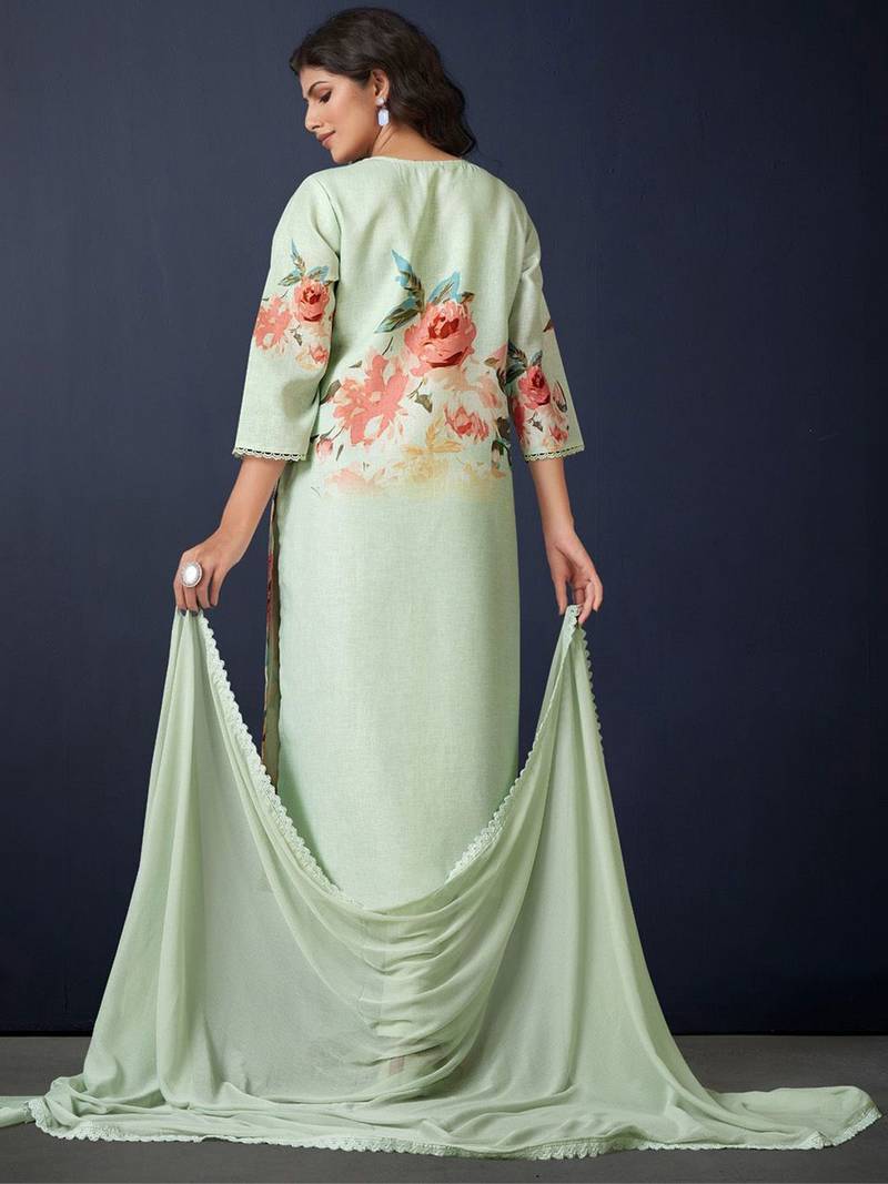 Floral Printed Regular Linen Straight Kurta With Trousers & Dupatta