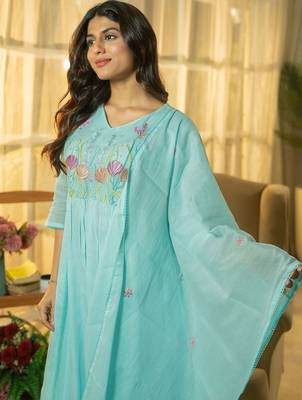 Floral Yoke Design Thread Work  Cotton A-Line Kurta With Trousers & Dupatta 1