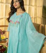 Floral Yoke Design Thread Work  Cotton A-Line Kurta With Trousers & Dupatta