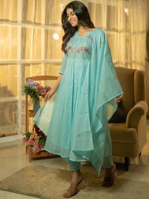 Floral Yoke Design Thread Work  Cotton A-Line Kurta With Trousers & Dupatta 2