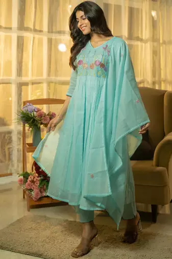 Floral Yoke Design Thread Work  Cotton A-Line Kurta With Trousers & Dupatta