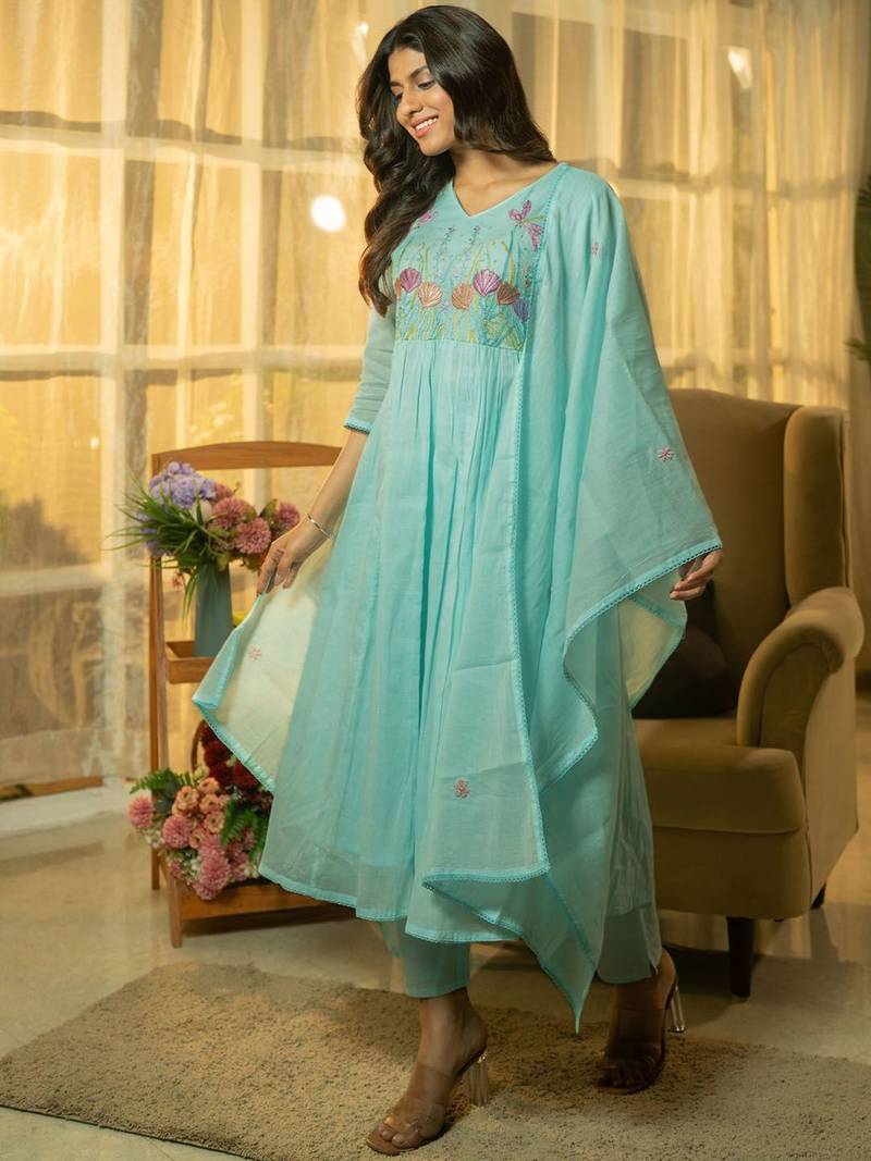 Floral Yoke Design Thread Work  Cotton A-Line Kurta With Trousers & Dupatta