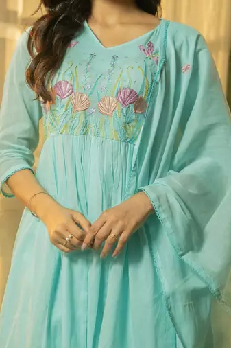 Floral Yoke Design Thread Work  Cotton A-Line Kurta With Trousers & Dupatta