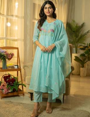 Floral Yoke Design Thread Work  Cotton A-Line Kurta With Trousers & Dupatta 4