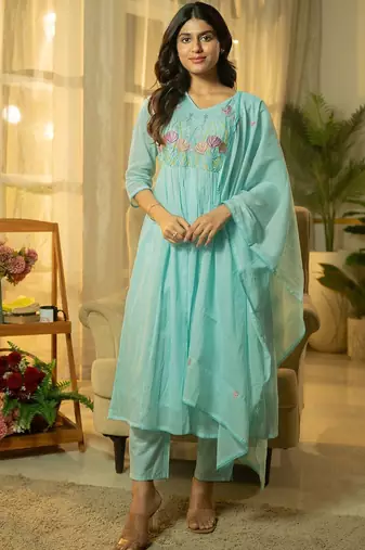 Floral Yoke Design Thread Work  Cotton A-Line Kurta With Trousers & Dupatta