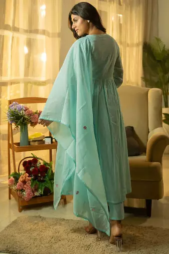 Floral Yoke Design Thread Work  Cotton A-Line Kurta With Trousers & Dupatta