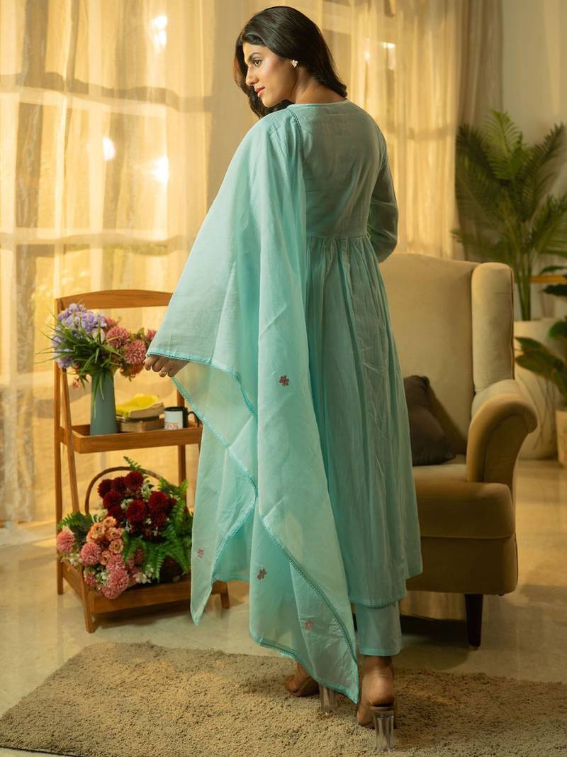 Floral Yoke Design Thread Work  Cotton A-Line Kurta With Trousers & Dupatta