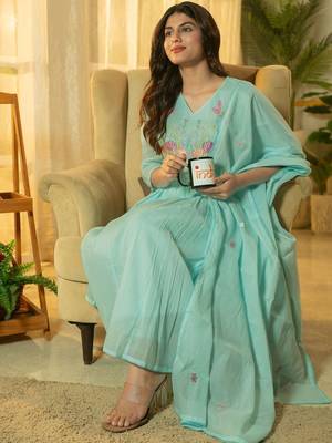 Floral Yoke Design Thread Work  Cotton A-Line Kurta With Trousers & Dupatta 6