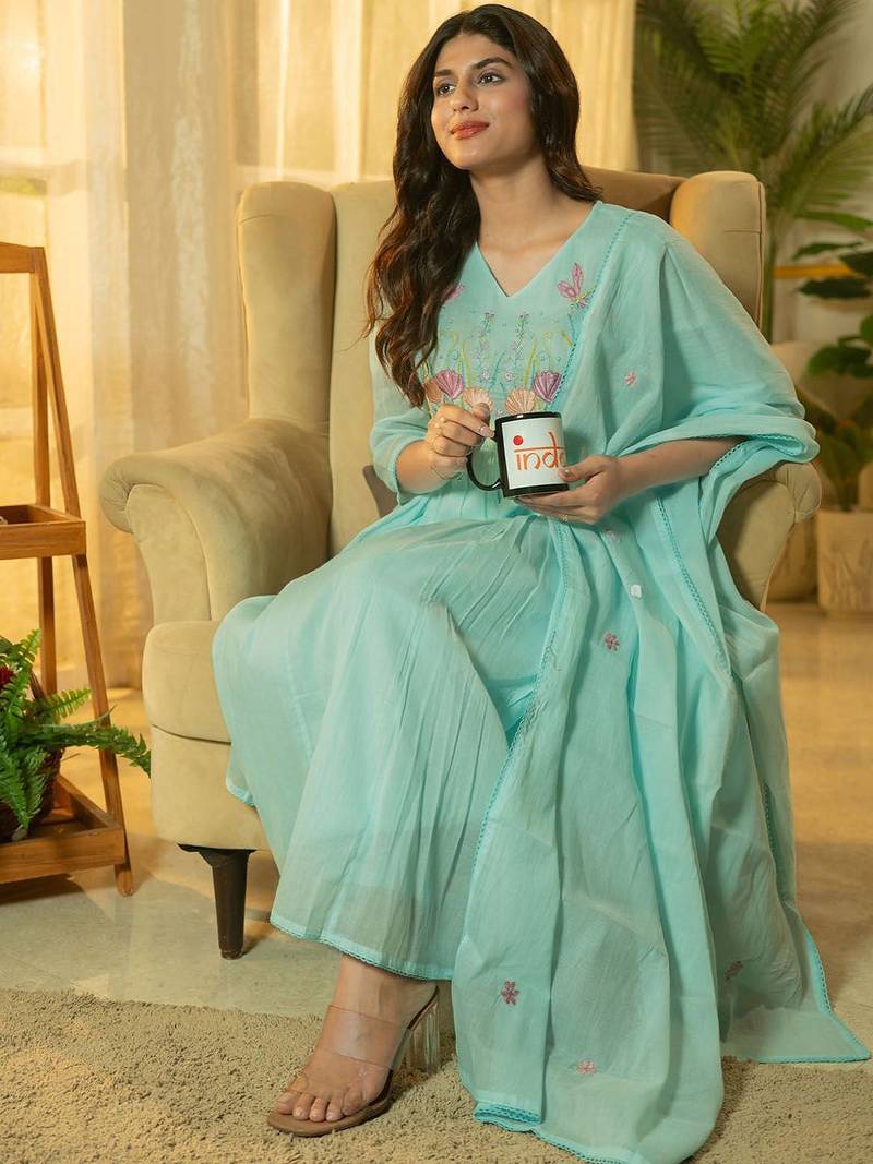 Floral Yoke Design Thread Work  Cotton A-Line Kurta With Trousers & Dupatta