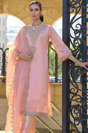 Ethnic Motifs Embroidered Zari Straight Kurta With Trousers & Dupatta